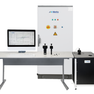 HyMPulse permanent magnet tester displayed in a lab environment, featuring a compact system with integrated magnetizer designed for non destructive testing of materials like NdFeB, SmCo, and ferrite.