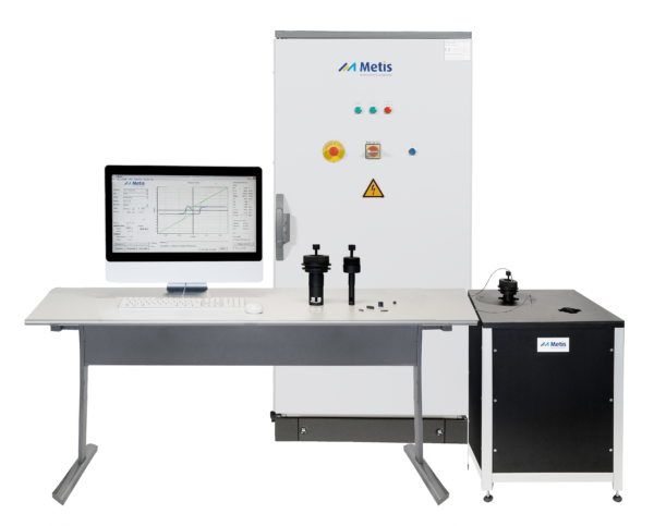 HyMPulse permanent magnet tester displayed in a lab environment, featuring a compact system with integrated magnetizer designed for non destructive testing of materials like NdFeB, SmCo, and ferrite.