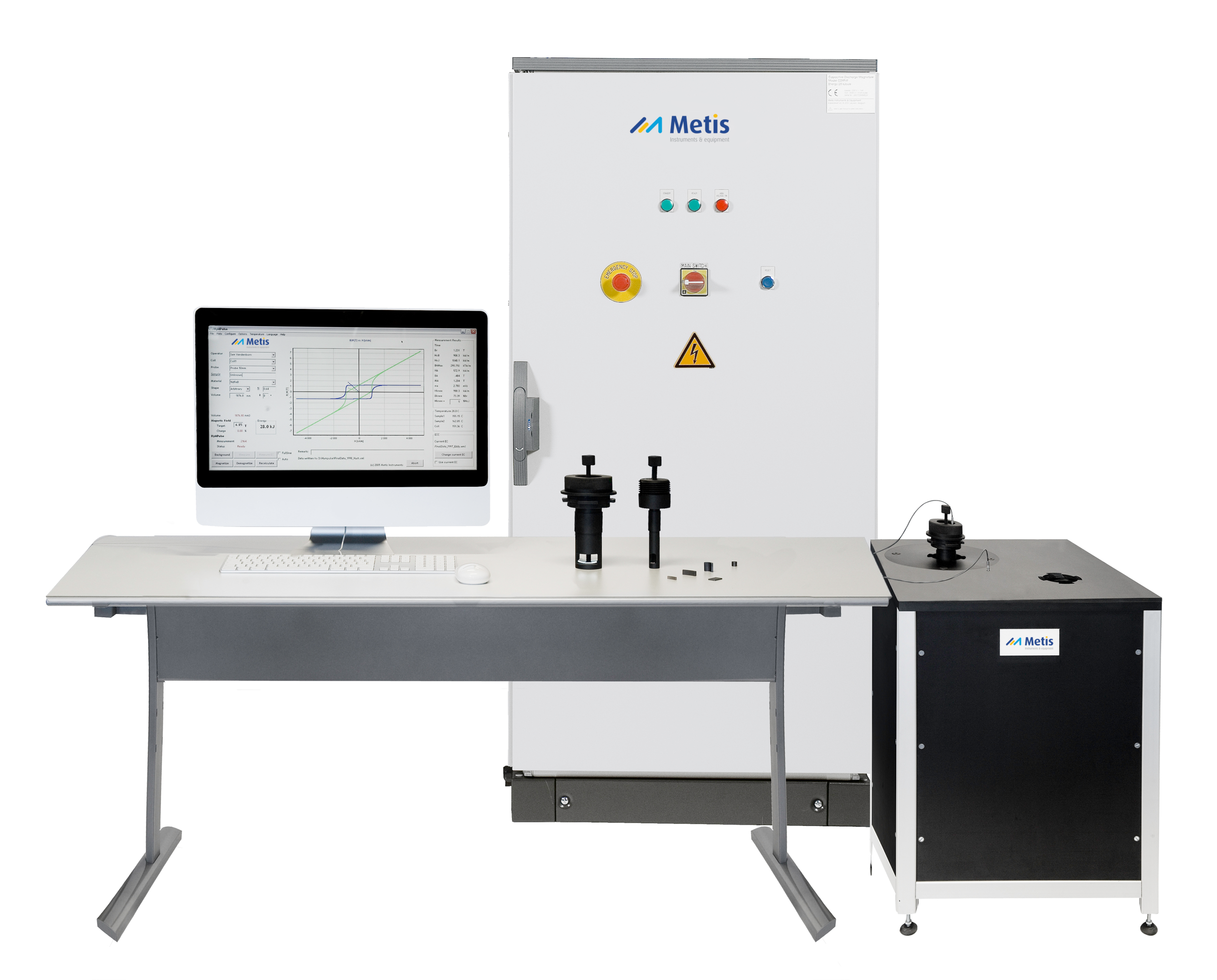 HyMPulse permanent magnet tester displayed in a lab environment, featuring a compact system with integrated magnetizer designed for non destructive testing of materials like NdFeB, SmCo, and ferrite.