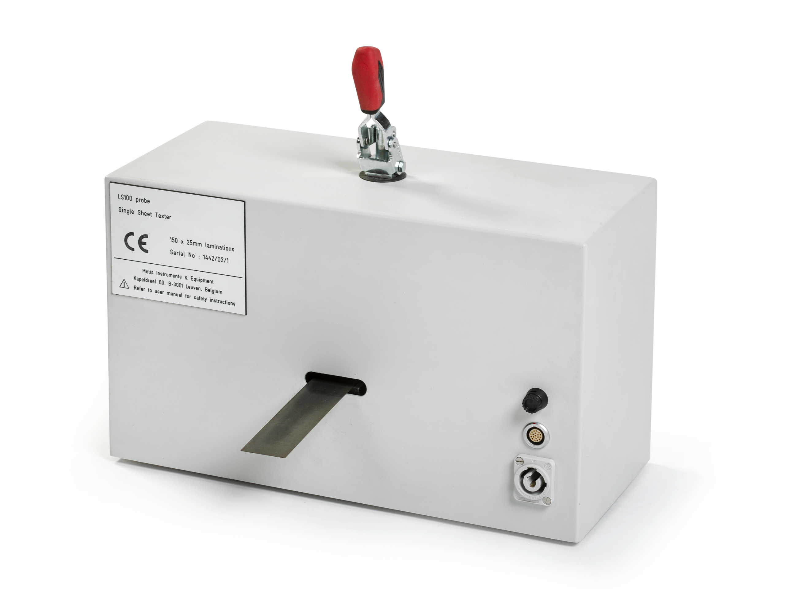 HyMAC soft magnetic materials tester shown in a clean lab setting, featuring a compact instrument with connected fixtures used to measure magnetic properties across a wide frequency range.