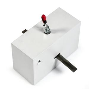 Close up of the HyMac testing setup with sample material mounted in a fixture, illustrating how the system evaluates low field magnetic properties of materials like electrical steel, amorphous wires, and nanocrystalline alloys.